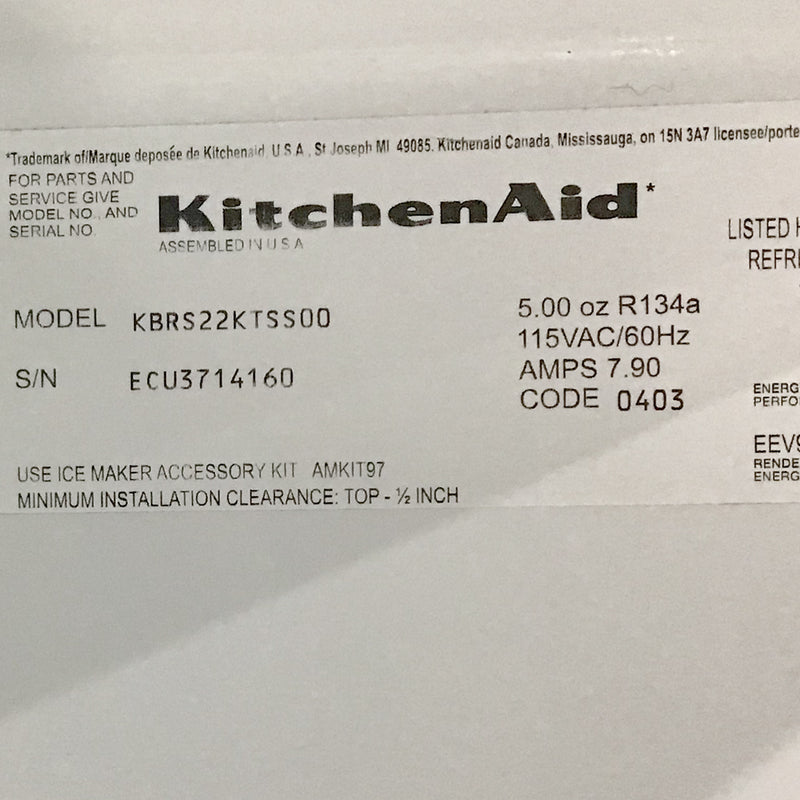 Used KitchenAid Refrigerator Model No. KBRS22KTSS00