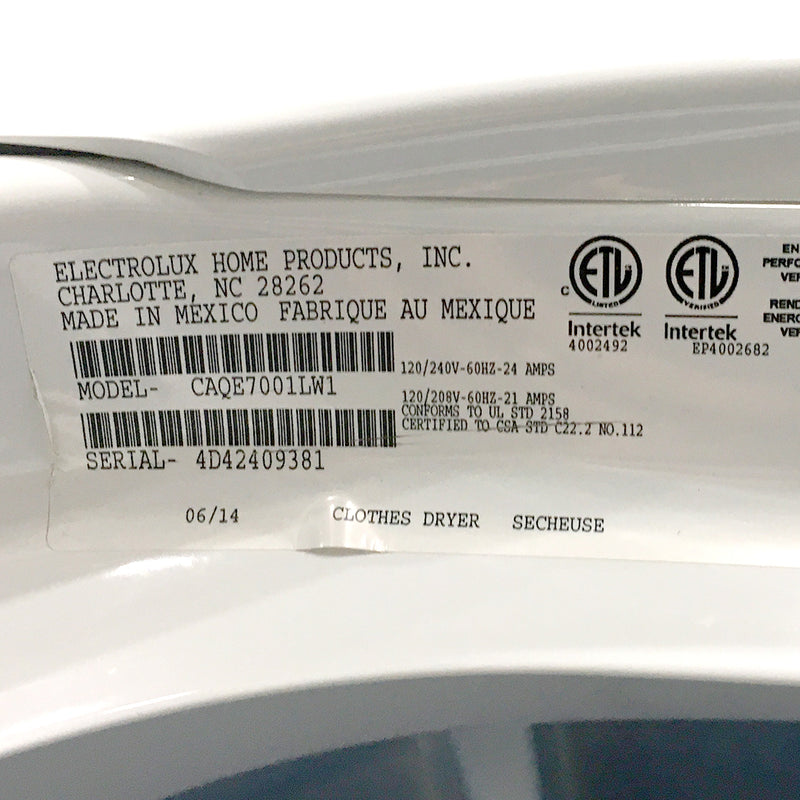Used Frigidaire Electric Dryer Model No. CAQE7001LW1