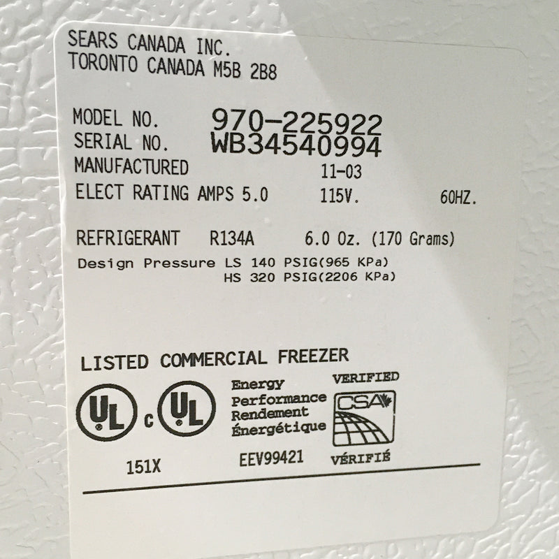 Used Kenmore Freezer Model No. 970-225922