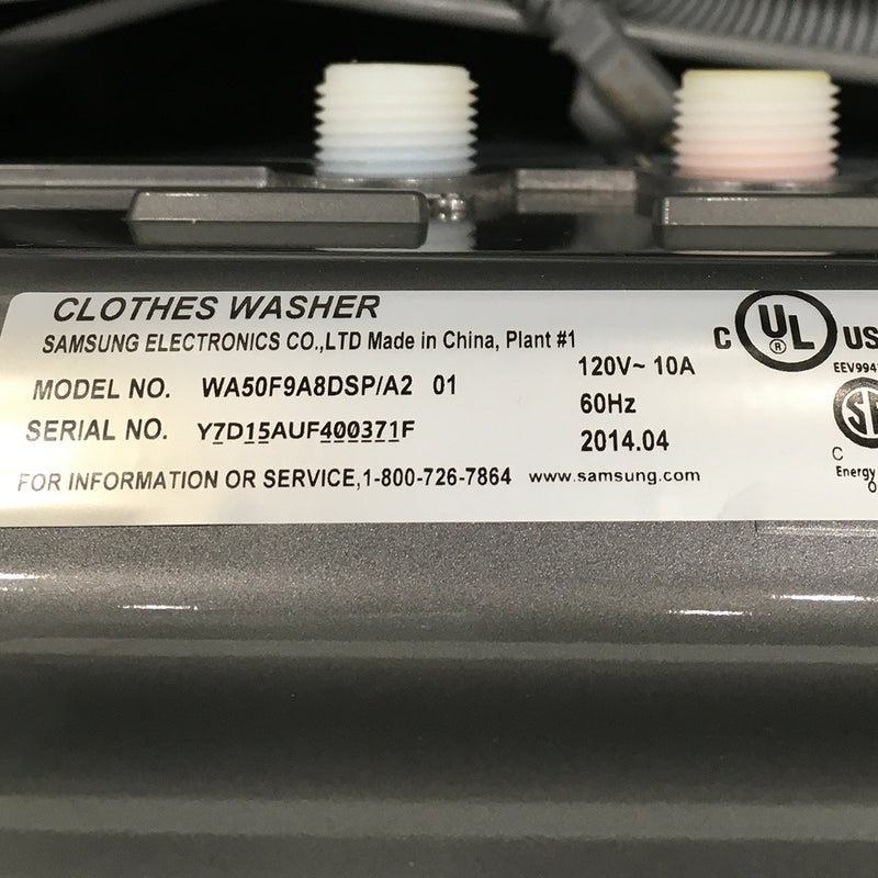 Used Samsung Washer and Dryer Set Model No. WA50F9A8DSP/A2 - DV50F9A8EVP/AC