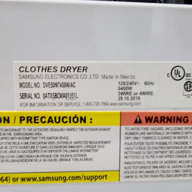Used Samsung Washer and Dryer Set Model No. WA45H7000AW/A2 - DVE50M7450W/AC