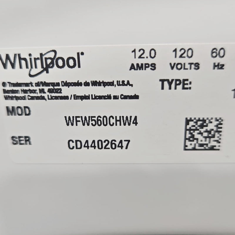 Open Box Whirlpool Washer and Dryer Set Model No. WFW560CHW -YWED5620HW