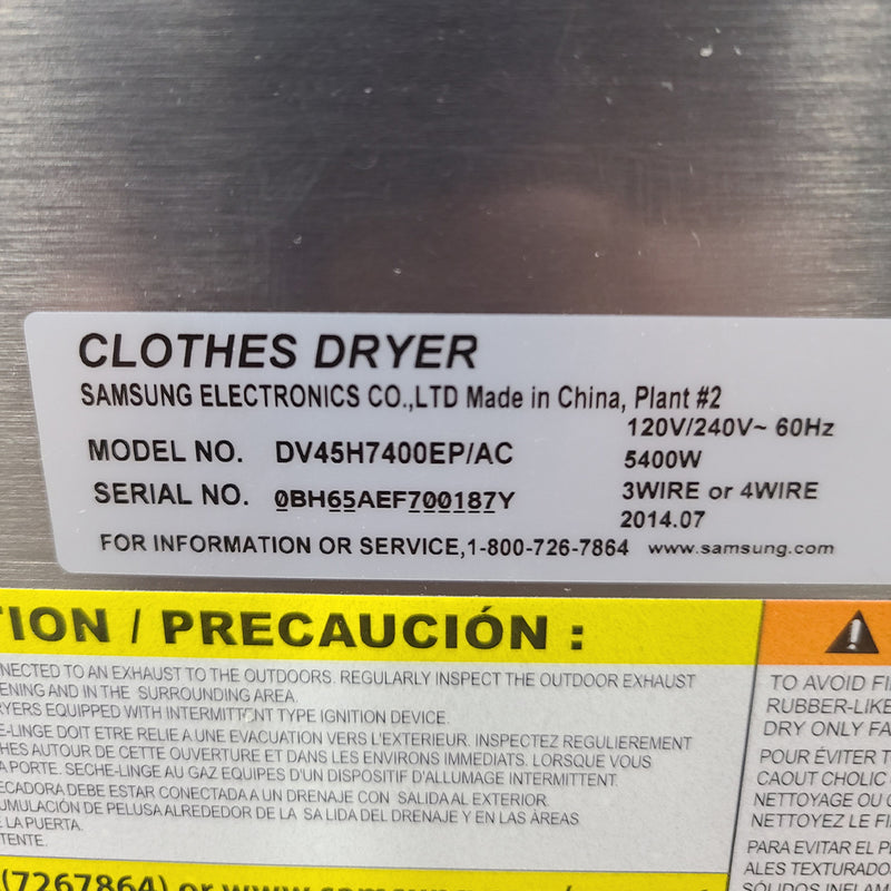 Used Samsung Washer and Dryer Set Model No. WA45H7200AP/A2 - DV45H7400EP/AC