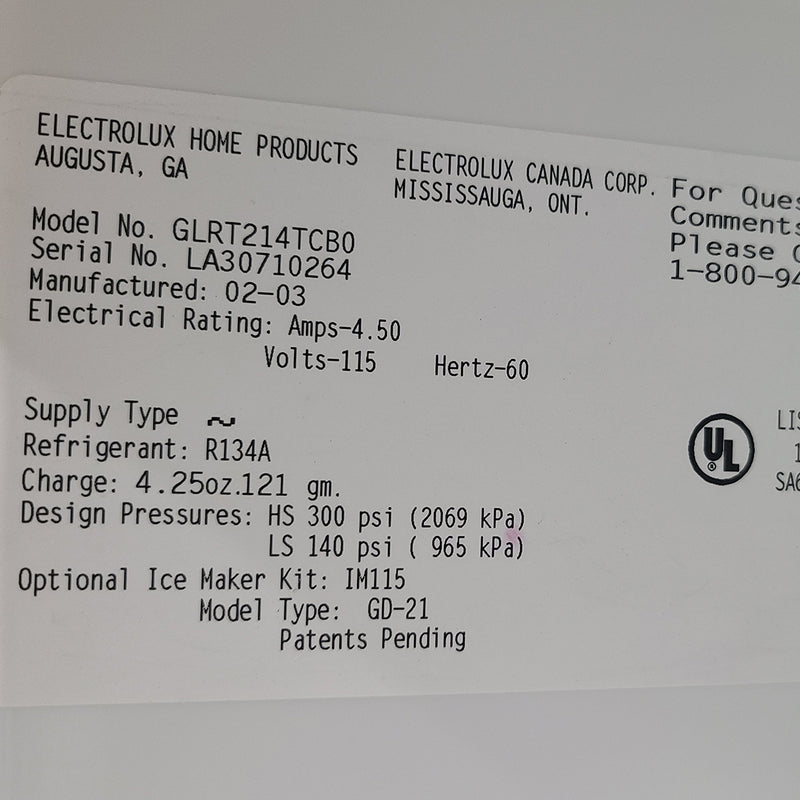 Used Frigidaire Refrigerator Model No. GLRT214TCB0