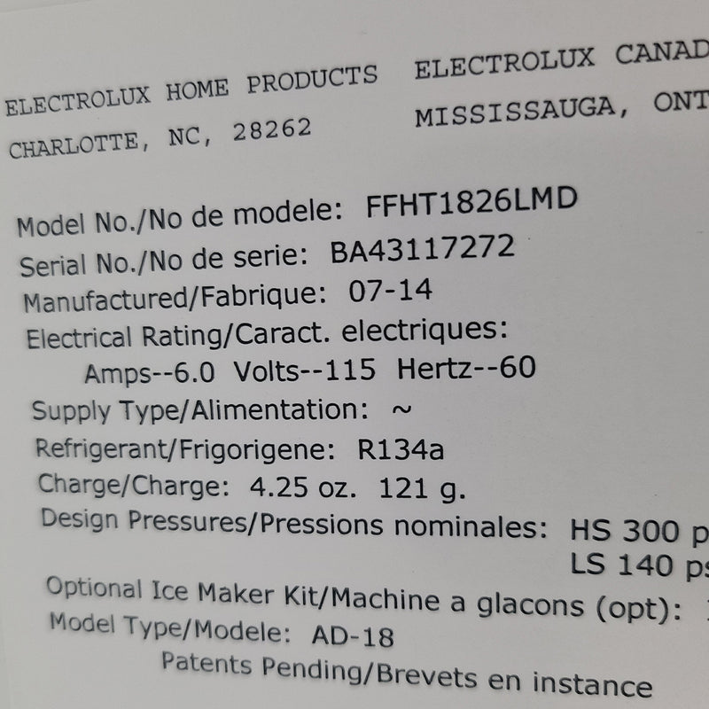 Used Frigidaire Refrigerator Model No. FFHT1826LMD