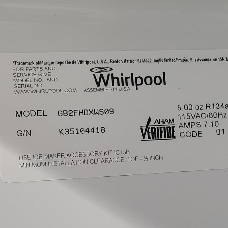 Used Whirlpool Refrigerator Model No. GB2FHDXWS09