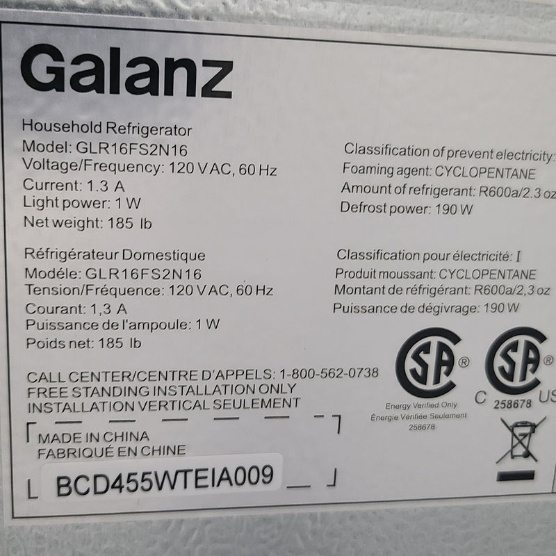 Used Galanz Refrigerator Model No. GLR16FS2N16