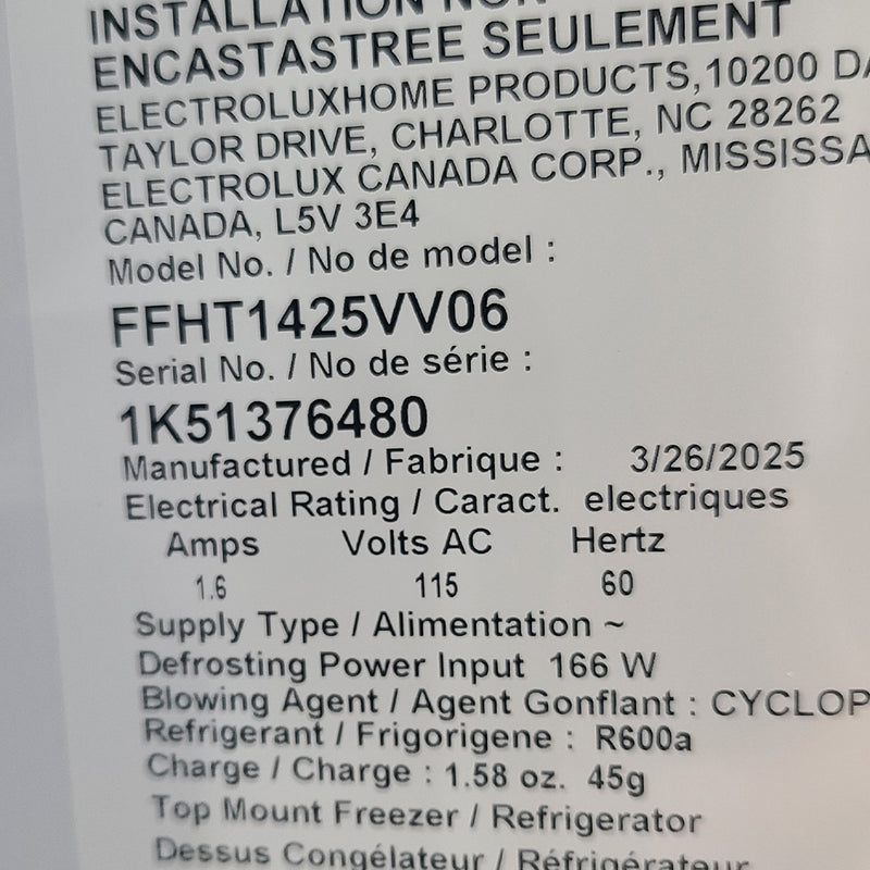New Frigidaire Refrigerator Model No. FFHT1425VV06