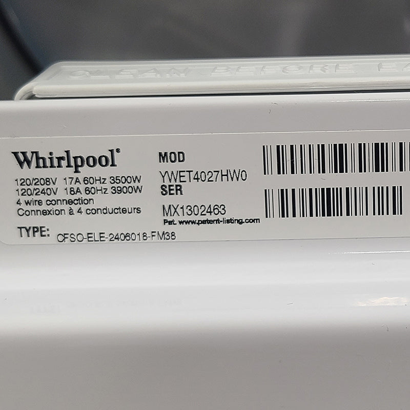 Used Whirlpool 27" Laundry Center Model No. YWET4027HW0