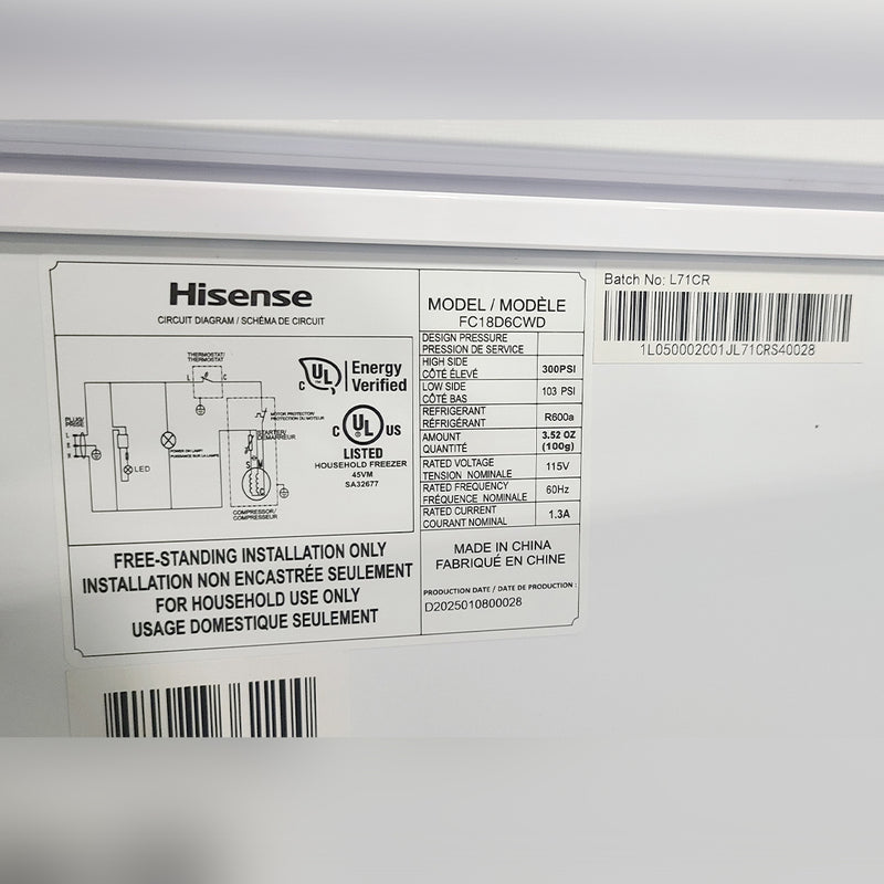 Open Box Hisense Convertible Chest Freezer or Fridge Model No. FC18D6CWD Serial No.: 1L050002001JL71CRS40028