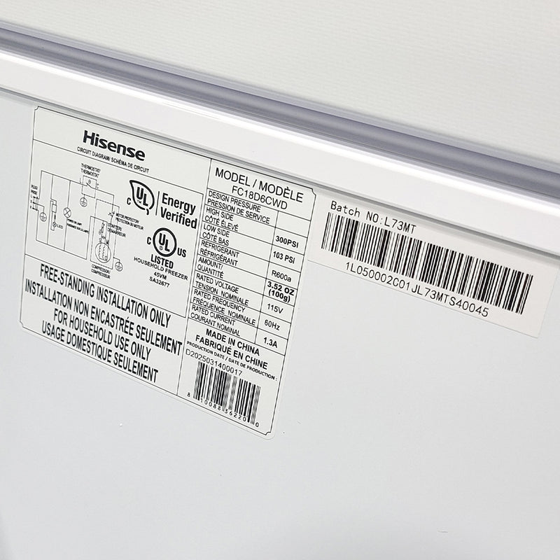 Open Box Hisense Convertible Chest Freezer or Fridge Model No. FC18D6CWD, Serial No. 1L050002001JL73MTS40045