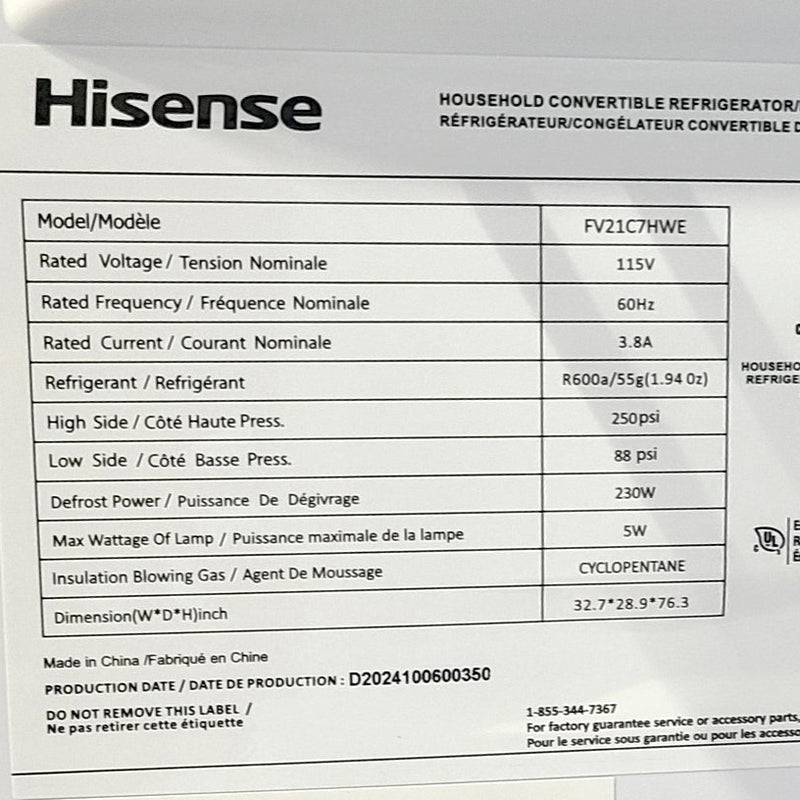 Open Box Hisense Convertible Upright Freezer or Fridge Model No. FV21C7HWE