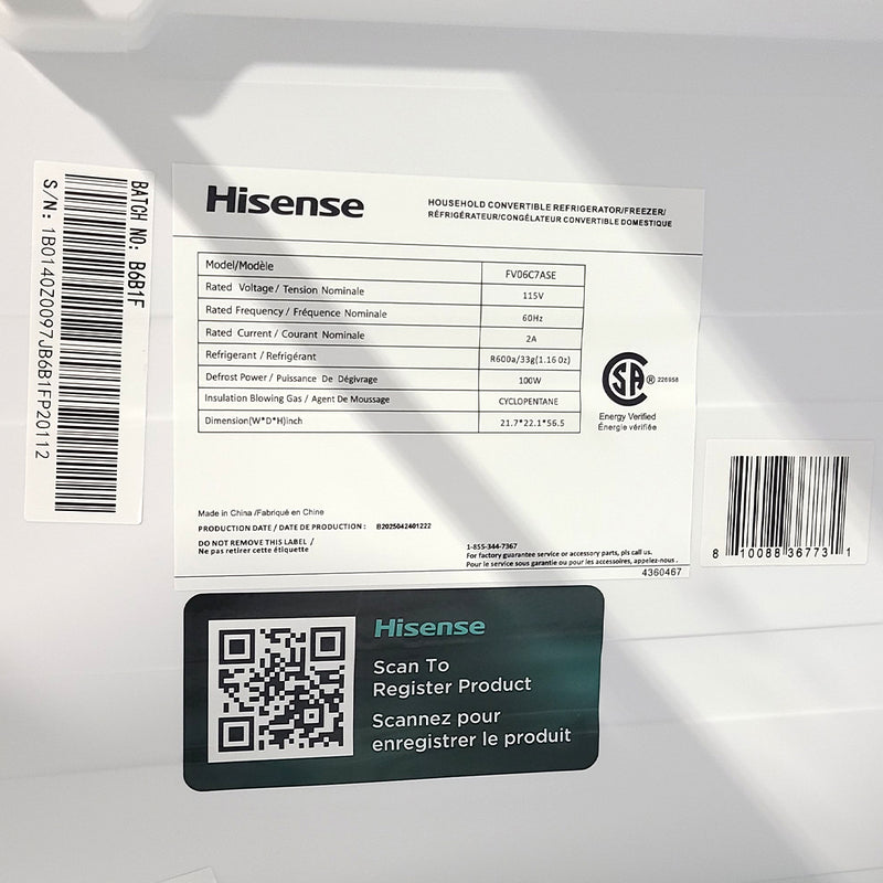 Open Box Hisense Convertible Upright Fridge or Freezer Mod# FV06C7ASE S# 1B0140Z0097JB6B1FP20112