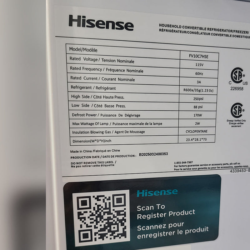 Open Box Hisense Convertible Upright Freezer or Fridge Model No. FV10C7HSE, Serial No. 1B0274Z0132JB7YGUS40353