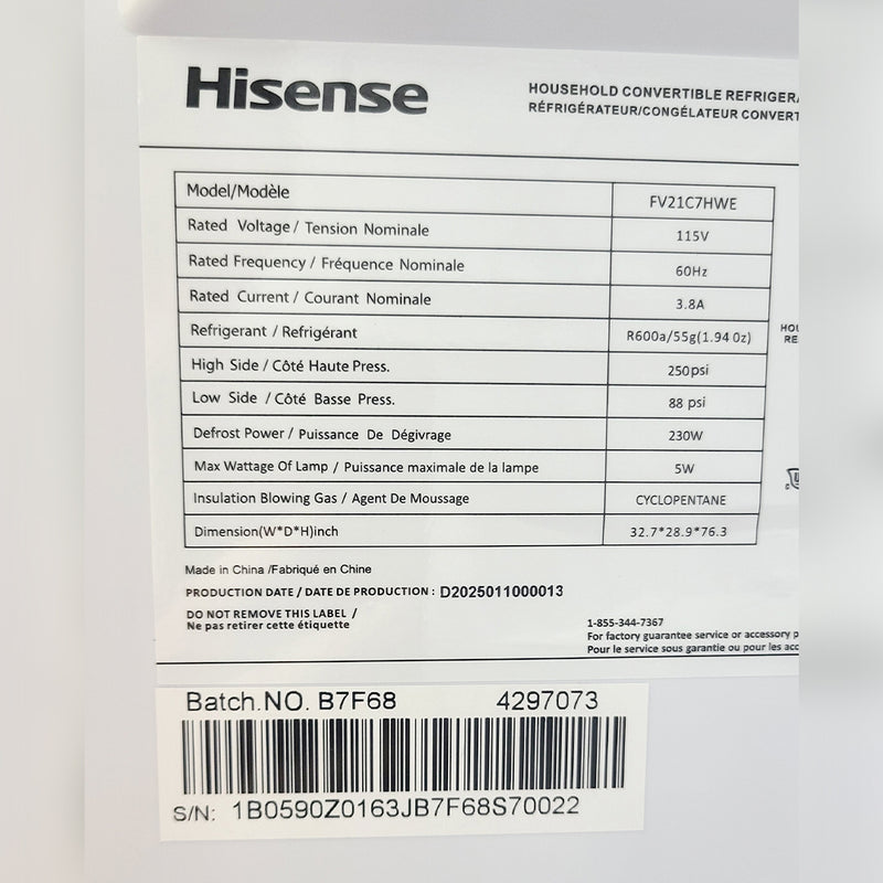 Open Box Hisense Convertible Upright Freezer or Fridge Model No. FV21C7HWE, Serial No. 1B0590Z0163JB7F68S70022