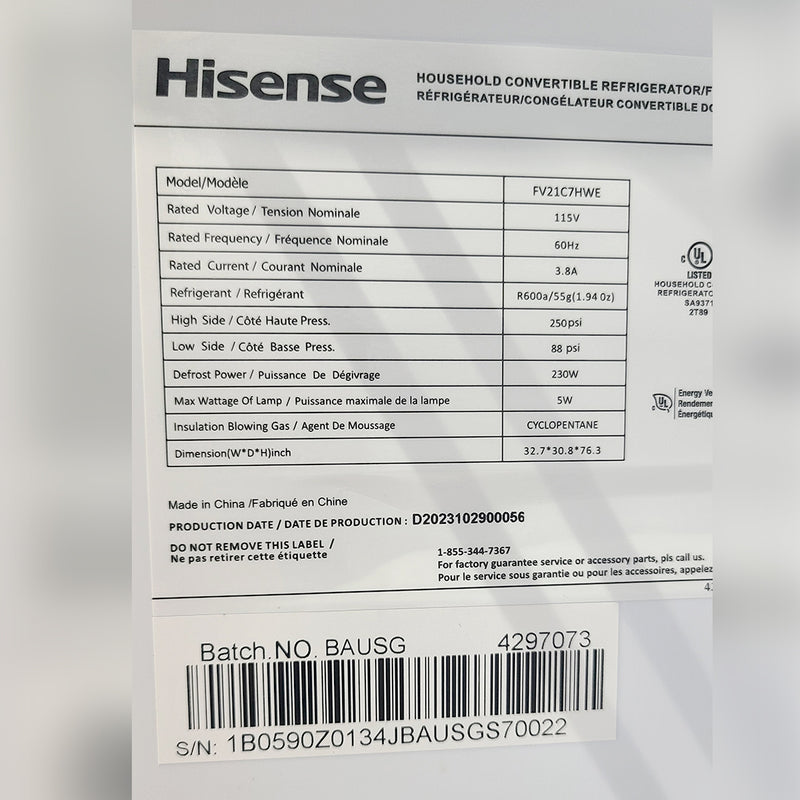 Open Box Hisense Convertible Upright Freezer or Fridge Model No. FV21C7HWE, Serial No. 1B0590Z0134JBAUSGS70022