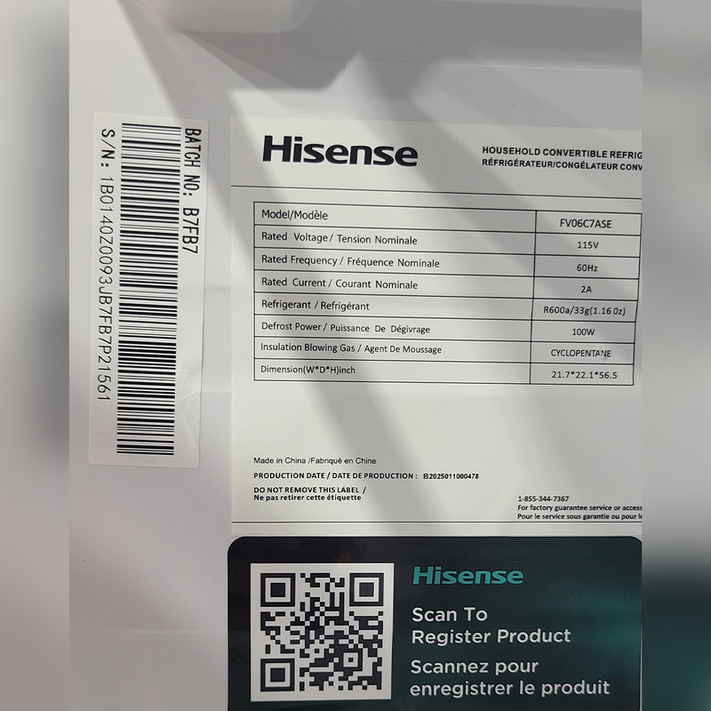 Open Box Hisense Convertible Upright Fridge or Freezer Mod# FV06C7ASE S# 1B0140Z0093JB7FB7P21561