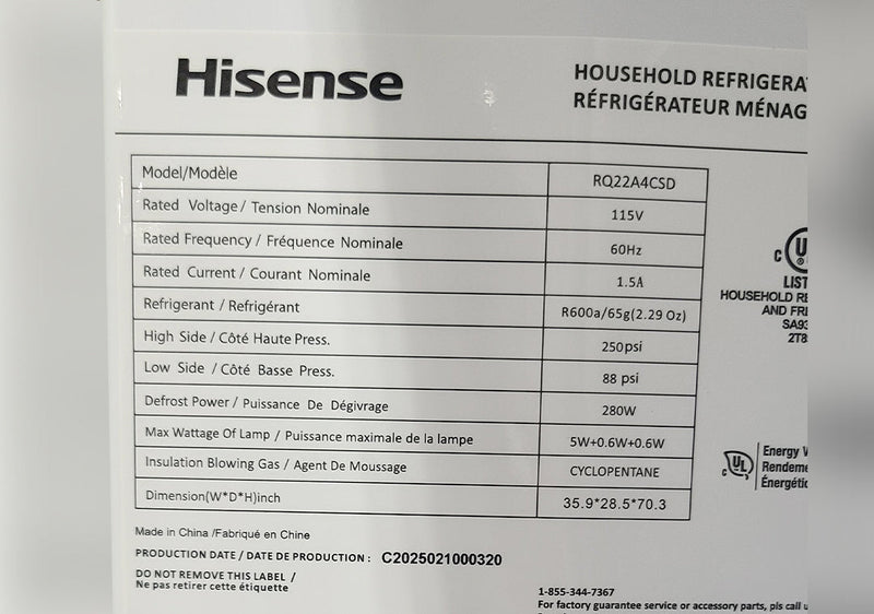 Open Box Hisense 4-Door Refrigerator with Triple-Zone Function Mod# RQ22A4CSD S# 1B0560Z0322JB7J0XS30297