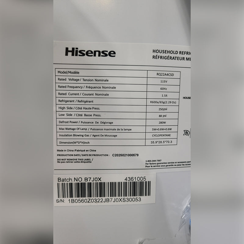 Open Box Hisense 4-Door Refrigerator with Triple-Zone Function Mod# RQ22A4CSD S# 1B0560Z0322JB7J0XS30053