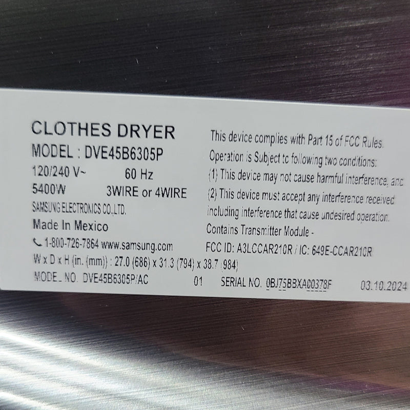 Open box Samsung Electric Dryer Model No. DVE45B6305P
