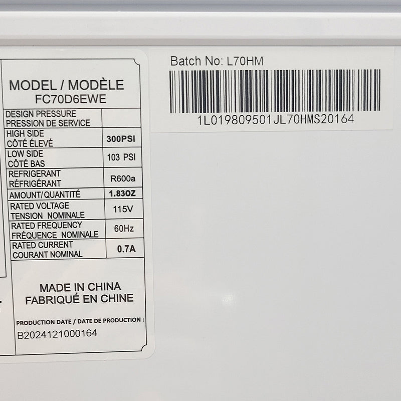 Open Box Hisense Chest Freezer Model No. FC70D6EWE