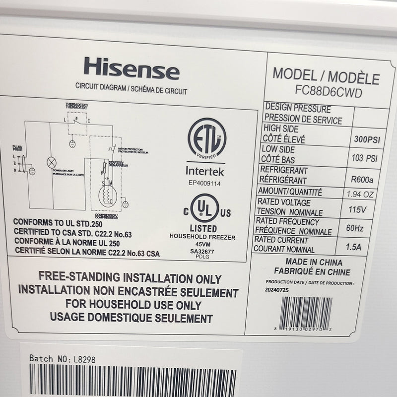 Open Box Hisense Chest Freezer Model No. FC88D6CWD
