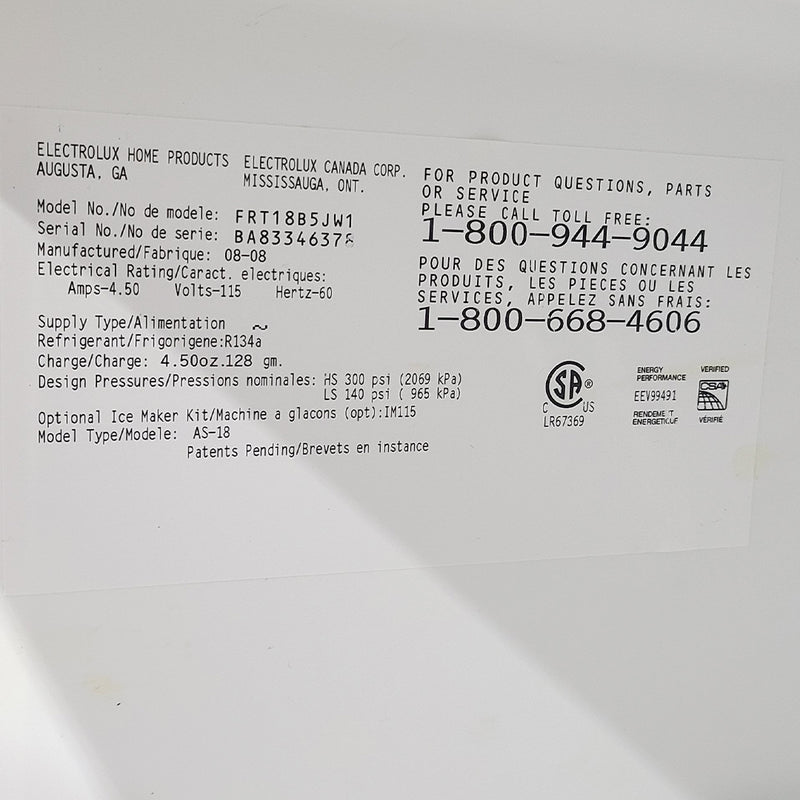 Used Frigidaire Refrigerator Model No. FRT18B5JW1