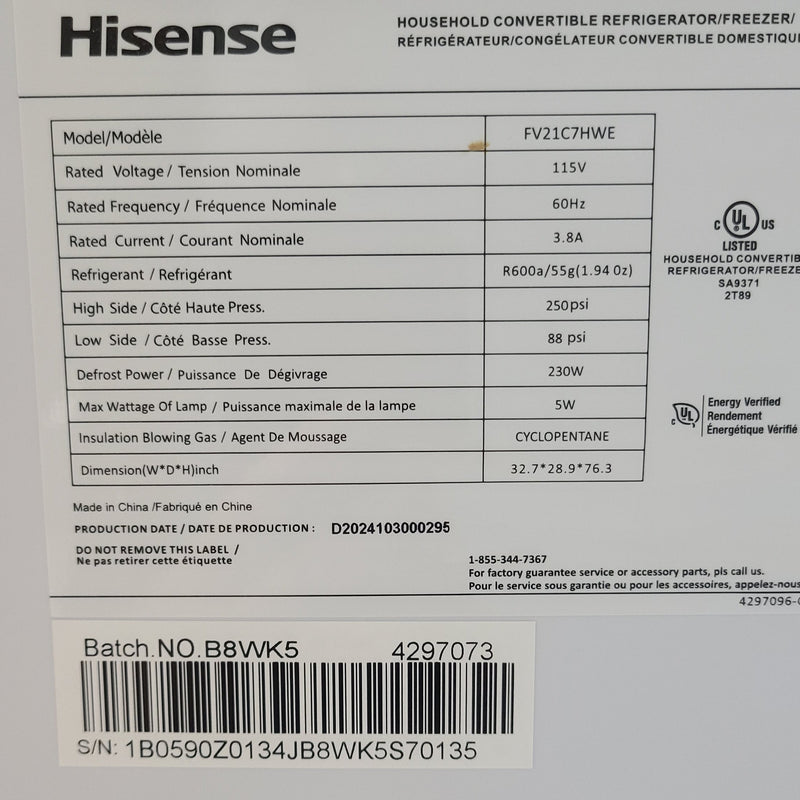 Open Box Hisense 21.2 cu ft. White Convertible Upright Fridge or Freezer with Reversible Door Model No. FV21C7HWE  Serial No.: 1B0590Z0134JB8WK5S70135