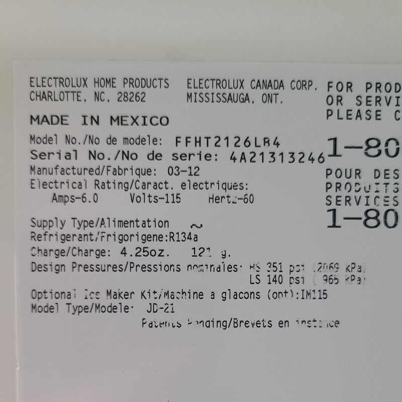 Used Frigidaire Refrigerator Model No. FFHT2126LB4