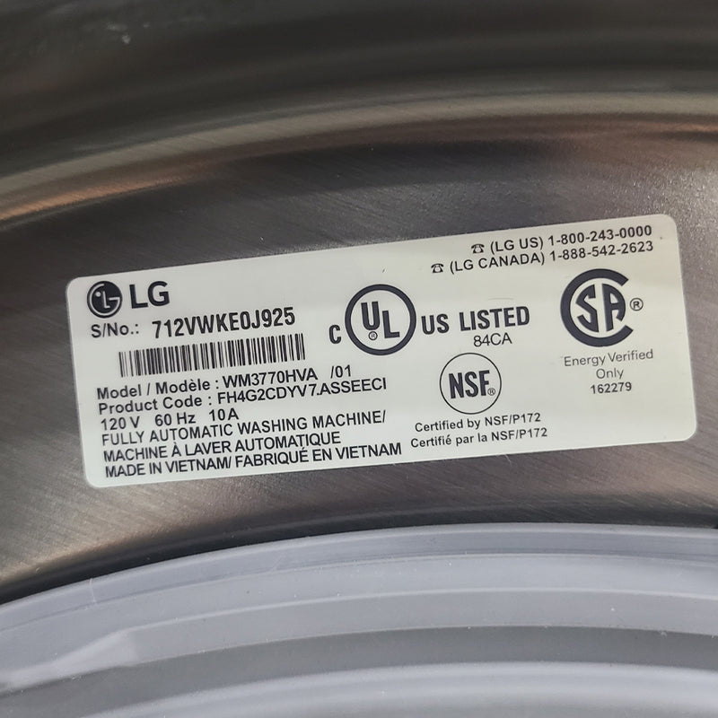 Used LG Washer & Dryer Set Mod No. WM3770HVA-DLEX3570V