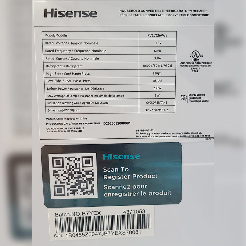 Open Box Hisense Convertible Upright Freezer or Fridge Model No. FV17C6AWE