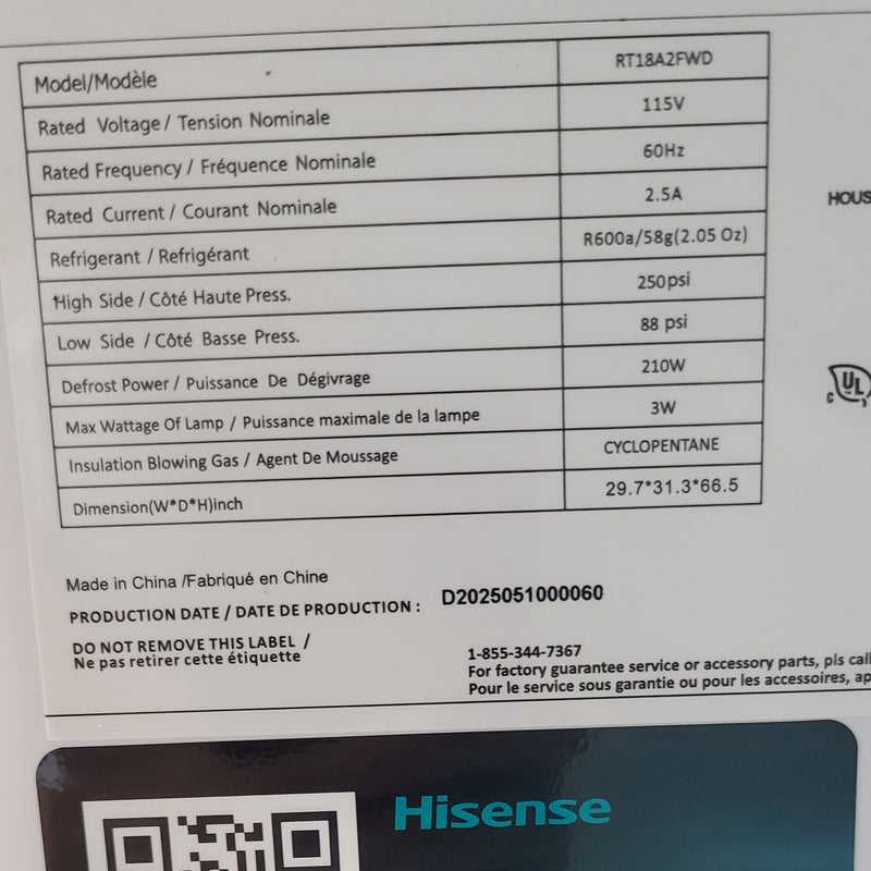 Open Box Hisense Refrigerator Model No. RT18A2FWD