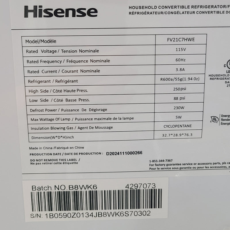 Open Box Hisense Convertible Upright Freezer or Fridge Model No. FV21C7HWE Serial No.: 1B0590Z0134JB8WK6S70302