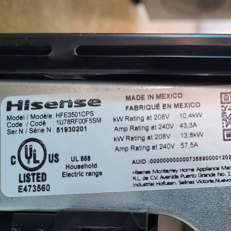 Open Box Hisense Electric Stove Model No. HFE3501CPS Serial No.: 51930201