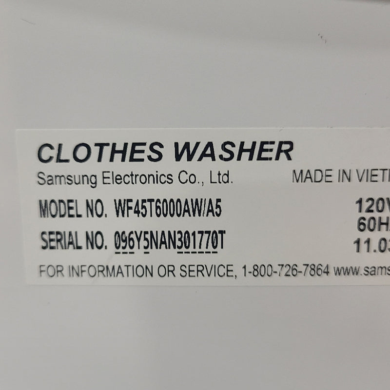 Open Box Samsung Washer and Dryer Set Model No. WF45T6000AW/A5 - DVE45T6005W