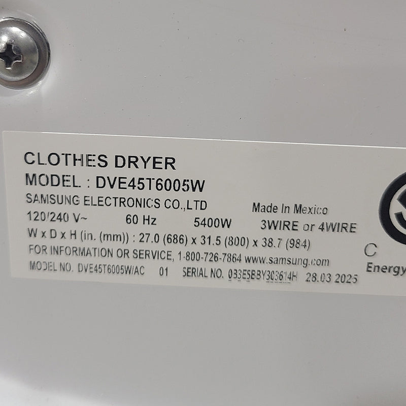 Open Box Samsung Washer and Dryer Set Model No. WF45T6000AW/A5 - DVE45T6005W