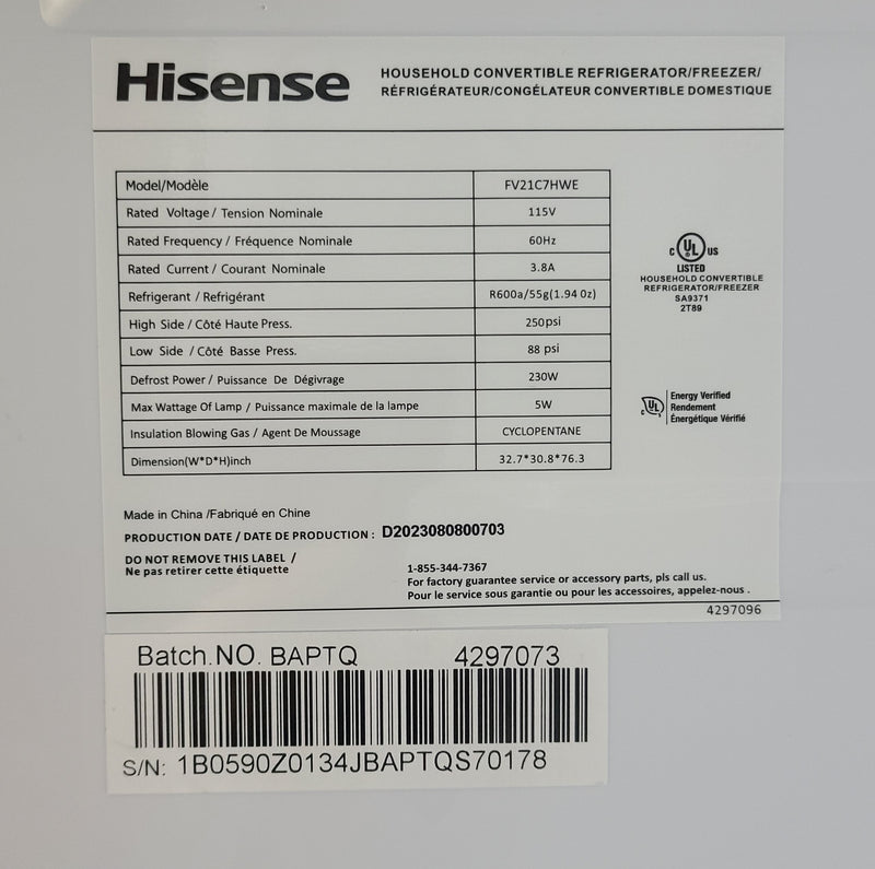 Open Box Hisense 21.2 cu ft. White Convertible Upright Fridge or Freezer with Reversible Door Freezer or Fridge Model No. FV21C7HWE Serial No.: 1B0590Z0134JBAPTQS70178