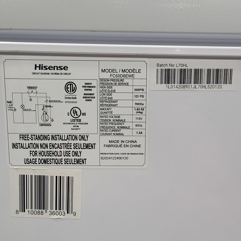 Open Box Hisense  5.0 cu ft. Chest Freezer with Recessed Handle Model No. FC50D6EWE