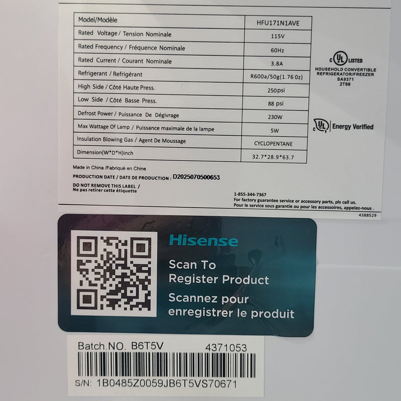 Open Box Hisense 17 cu ft. Convertible Upright Freezer or Fridge with Reversible Door Model No. HFU171N1AVE Serial Number: 1B0485Z0059JB6T5VS70671