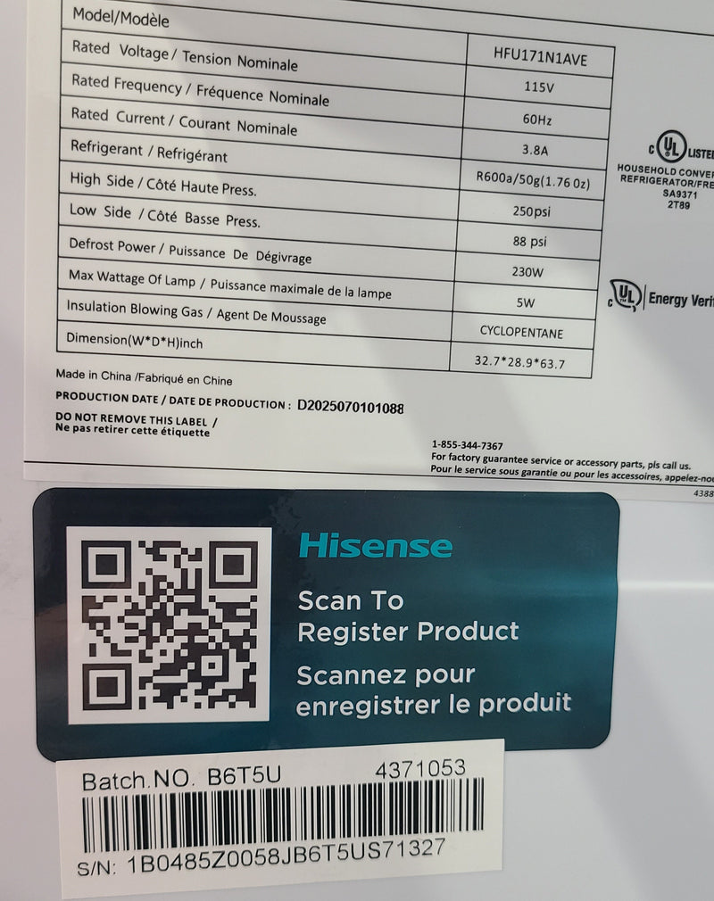 Open Box Hisense 17 cu ft. Convertible Upright Freezer or Fridge with Reversible Door Model No. HFU171N1AVE Serial Number: 1B0485Z0058JB6T5US71327