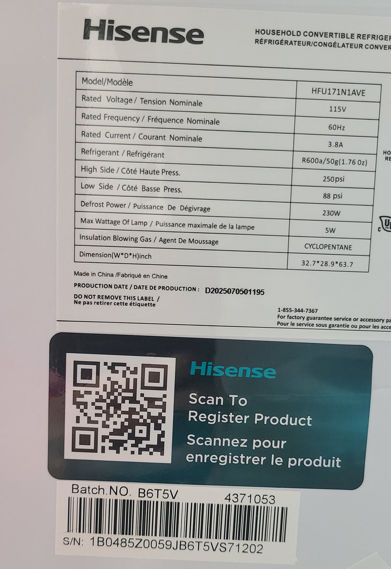 Open Box Hisense 17 cu ft. Convertible Upright Freezer or Fridge with Reversible Door Model No. HFU171N1AVE Serial Number: 1B0485Z0059JB6T5VS71202