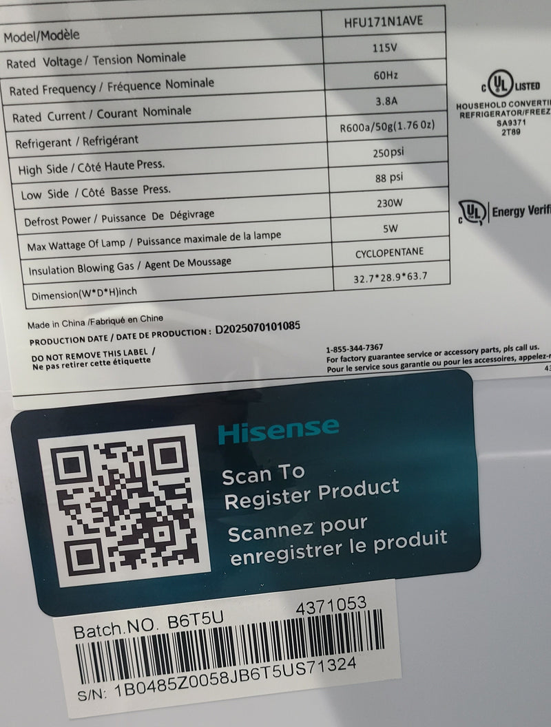 Open Box Hisense 17 cu ft. Convertible Upright Freezer or Fridge with Reversible Door Model No. HFU171N1AVE Serial Number: 1B0485Z0058JB6T5US71324