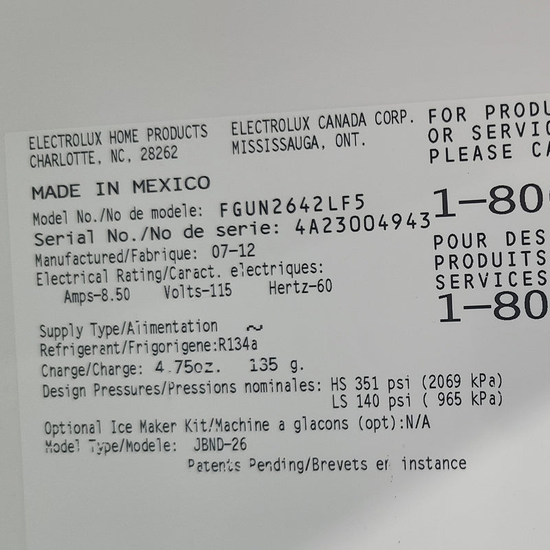 Used Frigidaire Refrigerator Model No. FGUN2642LF