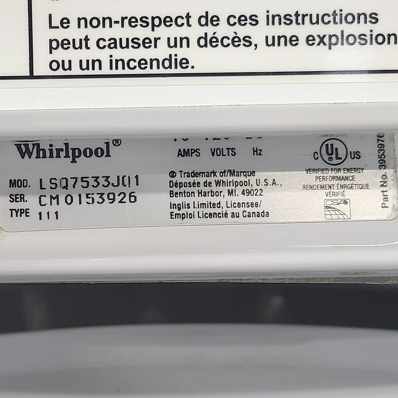 Used Whirlpool Washer and Dryer Set Model No. LSQ7533JQ1 - YLER4634JQ0