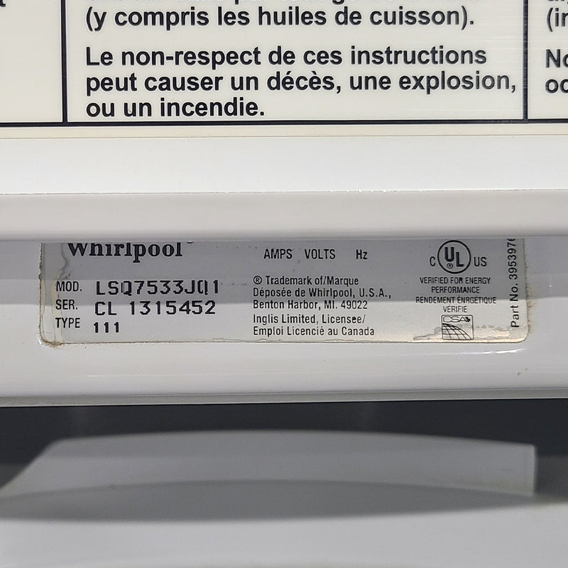 Used Whirlpool Washer and Dryer Set Model No. LSQ7533JQ1 - YLER4634JQ0