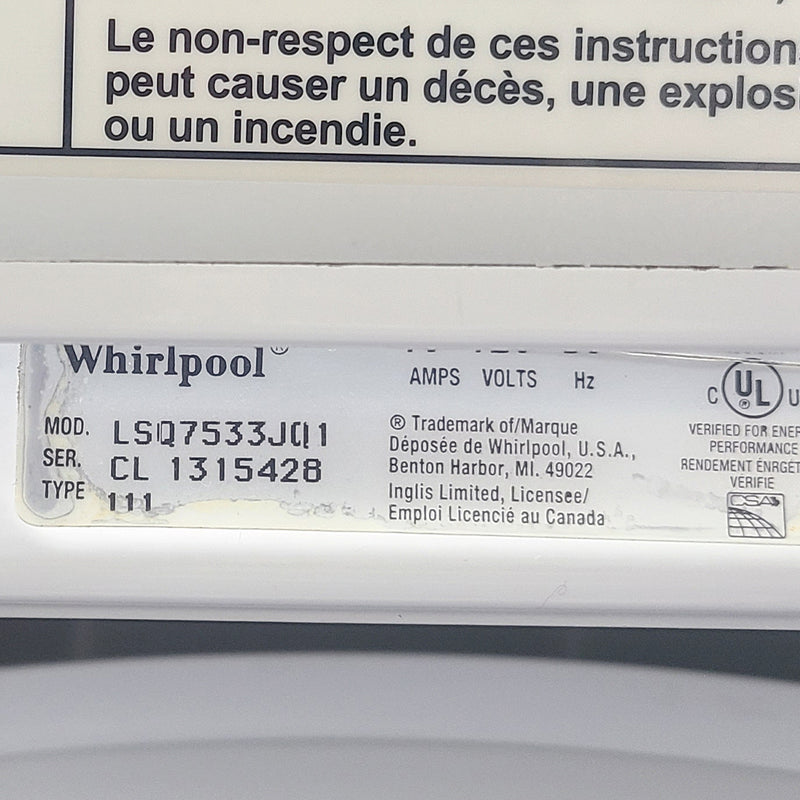 Used Whirlpool Washer and Dryer Set Model No. LSQ7533JQ1 - YLER4634JQ0, Serial No.: CL1315428 - ML4735982
