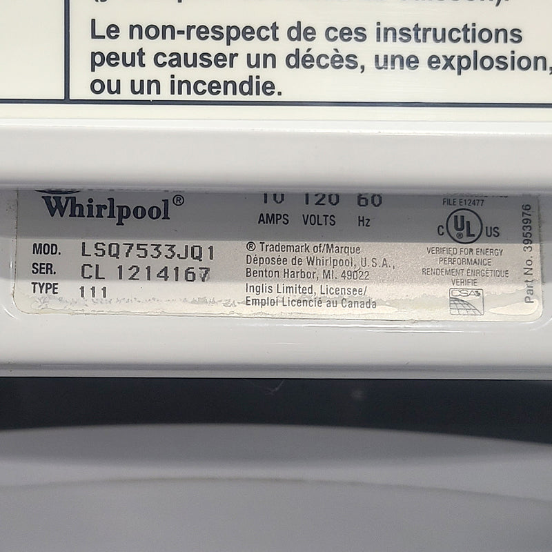 Used Whirlpool Washer Model No. LSQ7533JQ1 - Serial No.: CL1214167