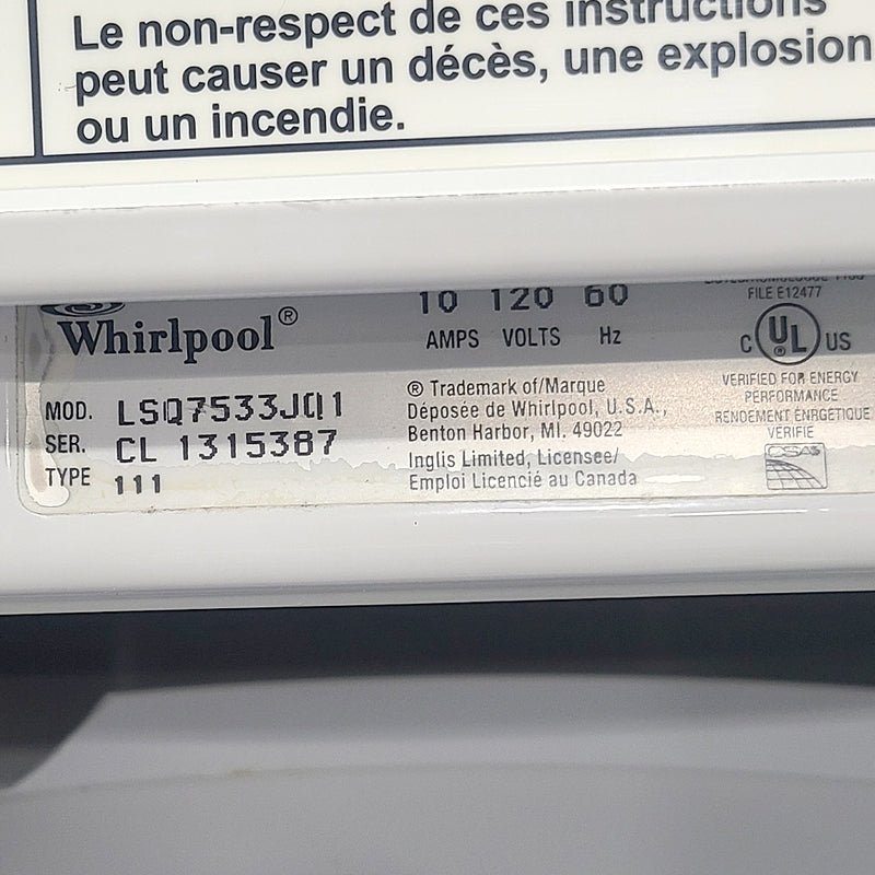 Used Whirlpool Washer Model No. LSQ7533JQ1 - Serial No.: CL1315387