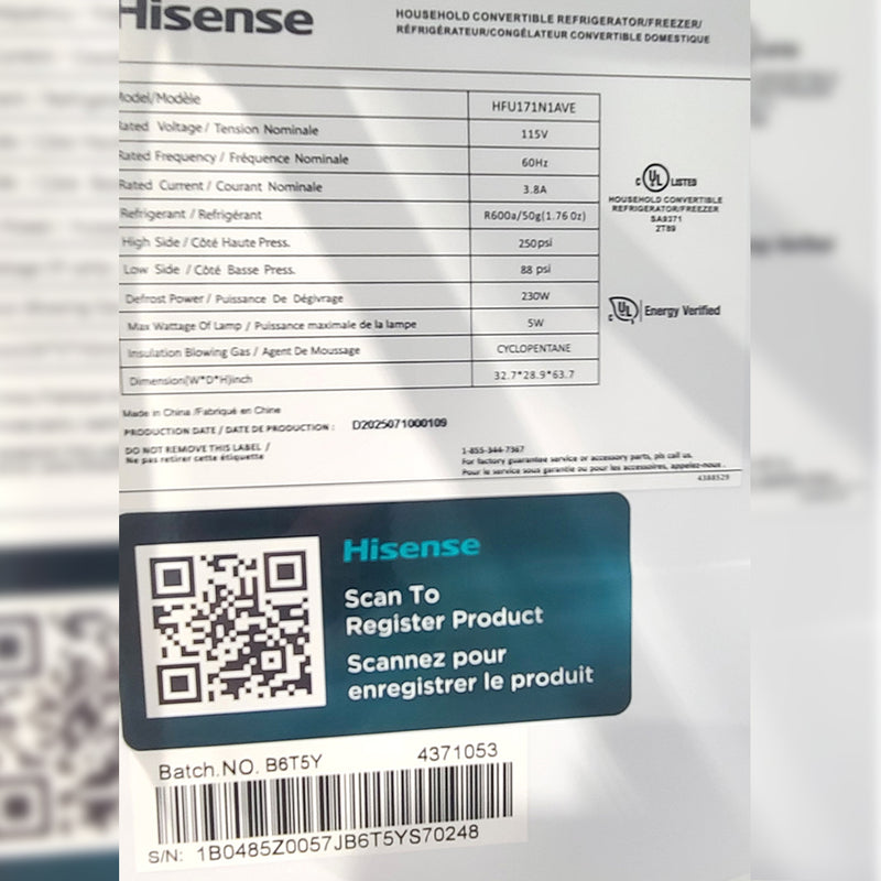 Open Box Hisense 17 cu ft. Convertible Upright Freezer or Fridge with Reversible Door Model No. HFU171N1AVE Serial Number: 1B0485Z0057JB6T5YS70248