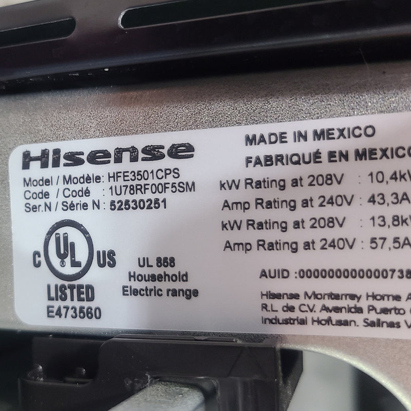 Open Box Hisense Electric Stove Model No. HFE3501CPS, Serial No.: 52530251